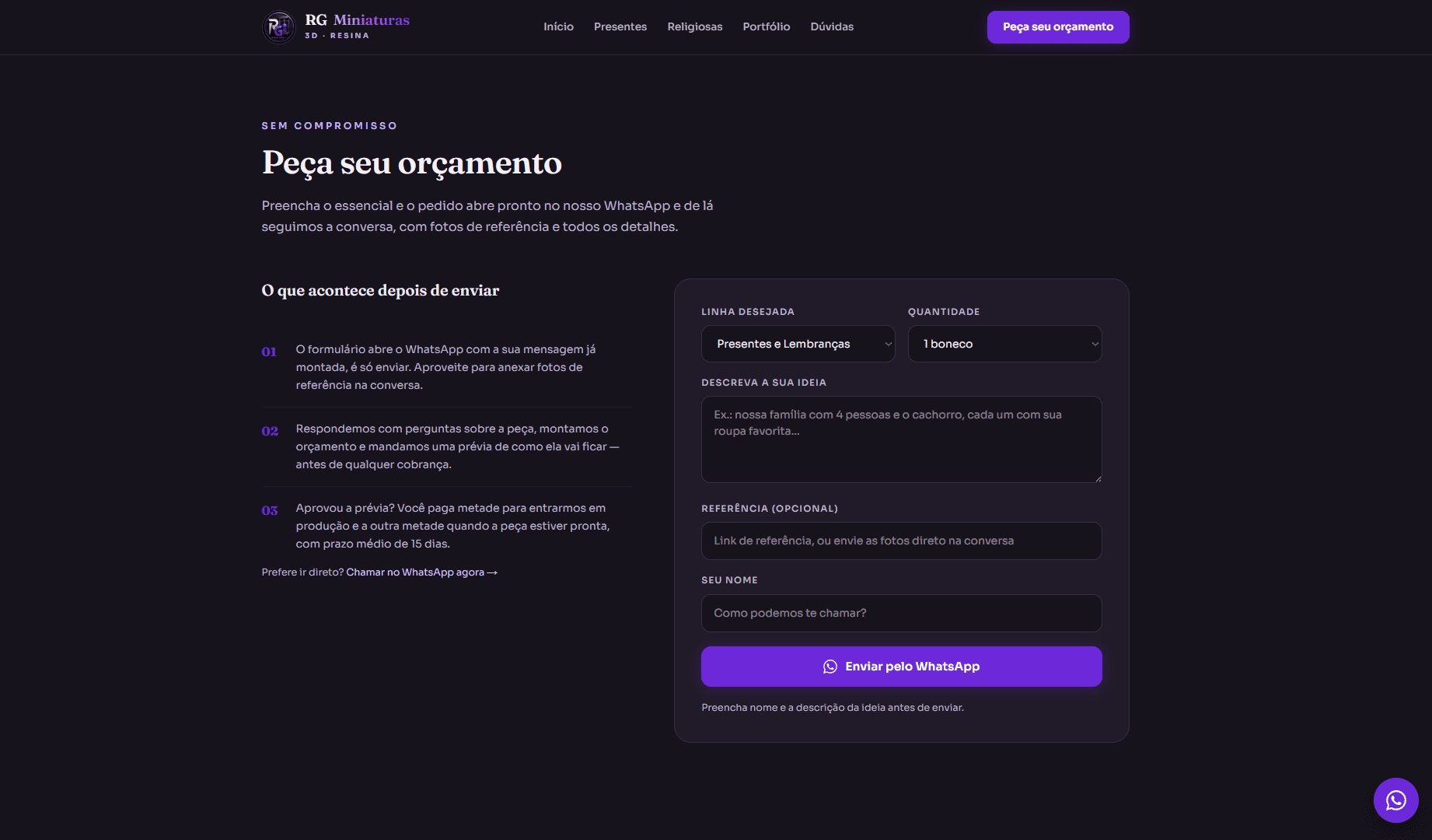 Formulário de orçamento da RG Miniaturas 3D, em branco, com campos para tipo de peça, quantidade, ideia e referência.